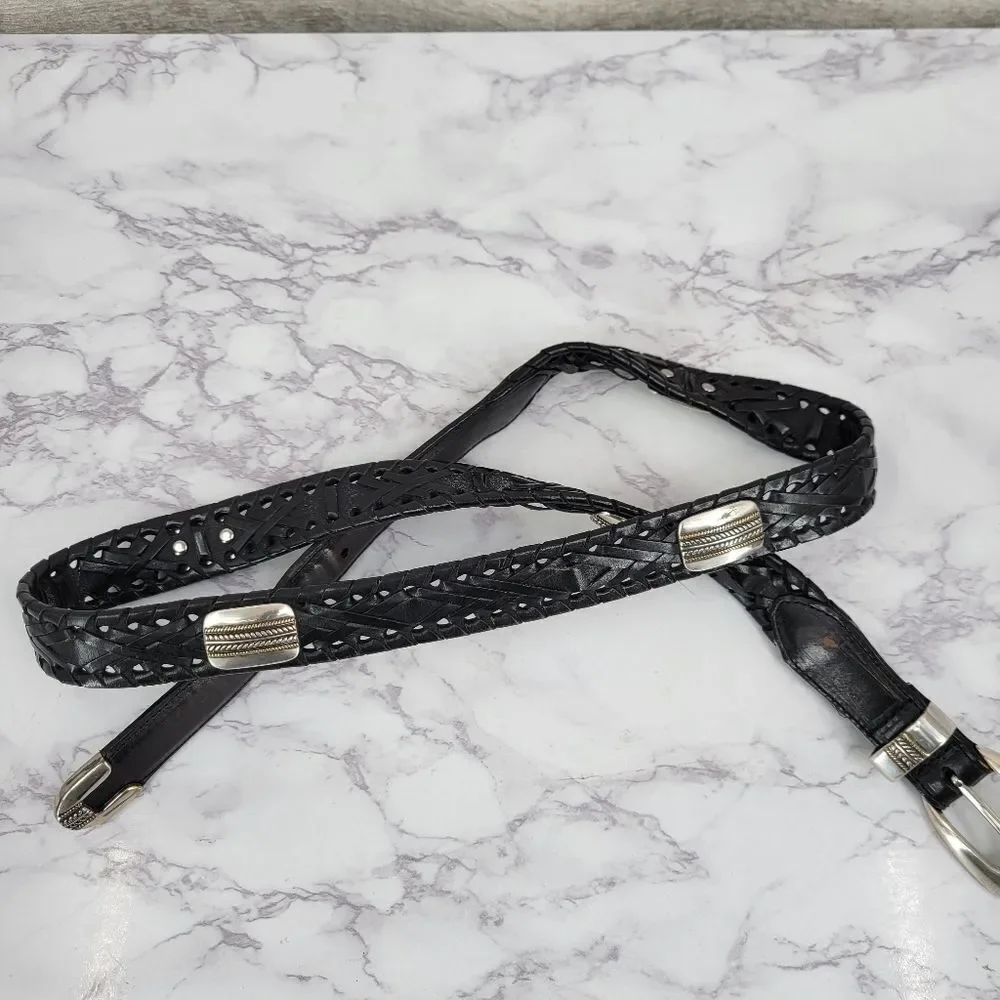 Roundtree & Yorke Black Woven Leather Belt with Silver & Gold Toned Conchos